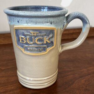 Deneen Pottery Buck Knives Mug Beige Blue Drip Glaze 2024 13 Oz Handmade USA